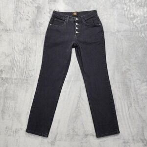 Lee Jeans Womens 4 Black High Rise Slim Straight Exposed Button Fly Stretch Leg